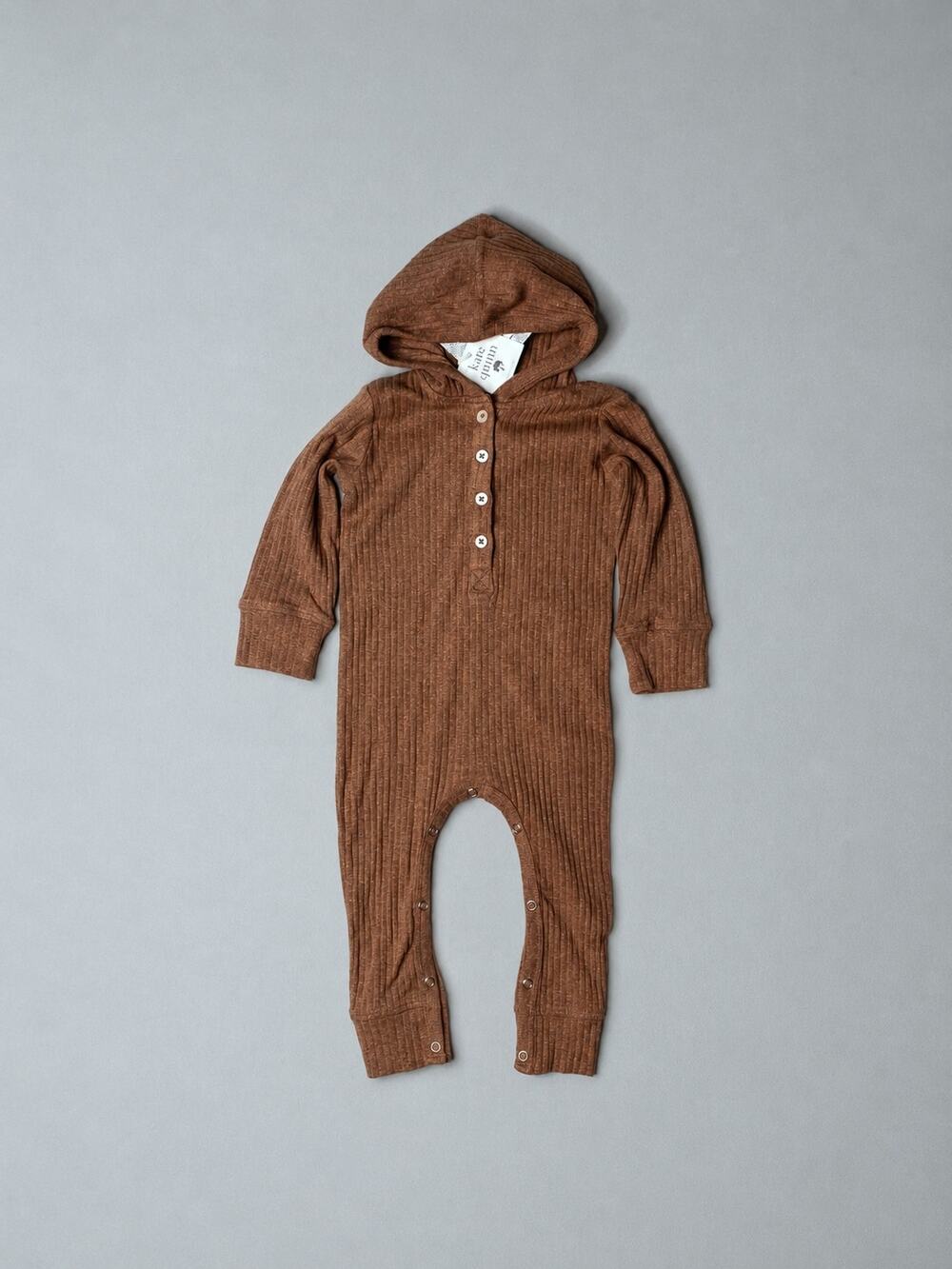 NWT Kate Quinn Brown Melange Rib Organic Cotton Hoodie Long Romper 18-24 Mo